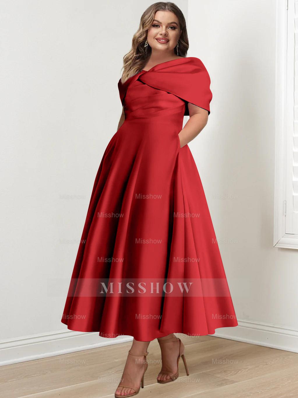 Plus Size Off-The-Shoulder A-Line Princess Ankle-Length Mother Of The Bride Dress With Ruffles & Bowknot