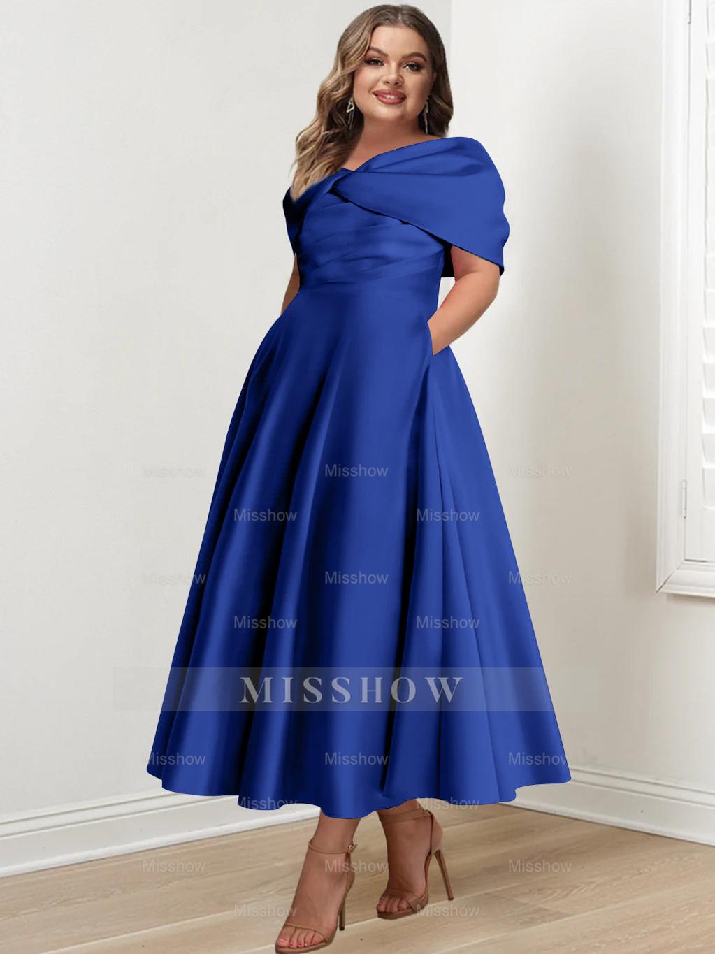 Plus Size Off-The-Shoulder A-Line Princess Ankle-Length Mother Of The Bride Dress With Ruffles & Bowknot