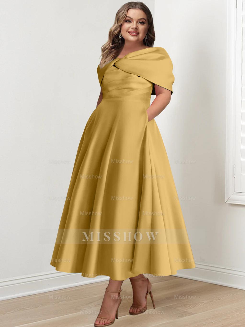 Plus Size Off-The-Shoulder A-Line Princess Ankle-Length Mother Of The Bride Dress With Ruffles & Bowknot