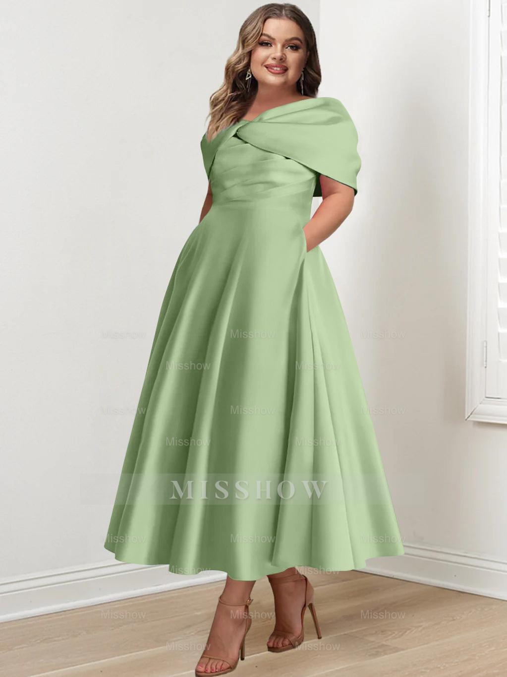 Plus Size Off-The-Shoulder A-Line Princess Ankle-Length Mother Of The Bride Dress With Ruffles & Bowknot