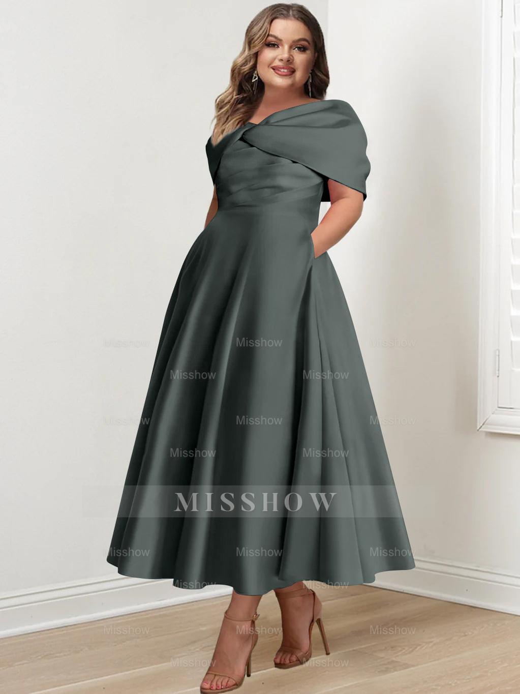 Plus Size Off-The-Shoulder A-Line Princess Ankle-Length Mother Of The Bride Dress With Ruffles & Bowknot