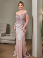 Plus Size Off-the-Shoulder Beaded Trumpet/Mermaid Mother of the Bride Gown Floor-Length
