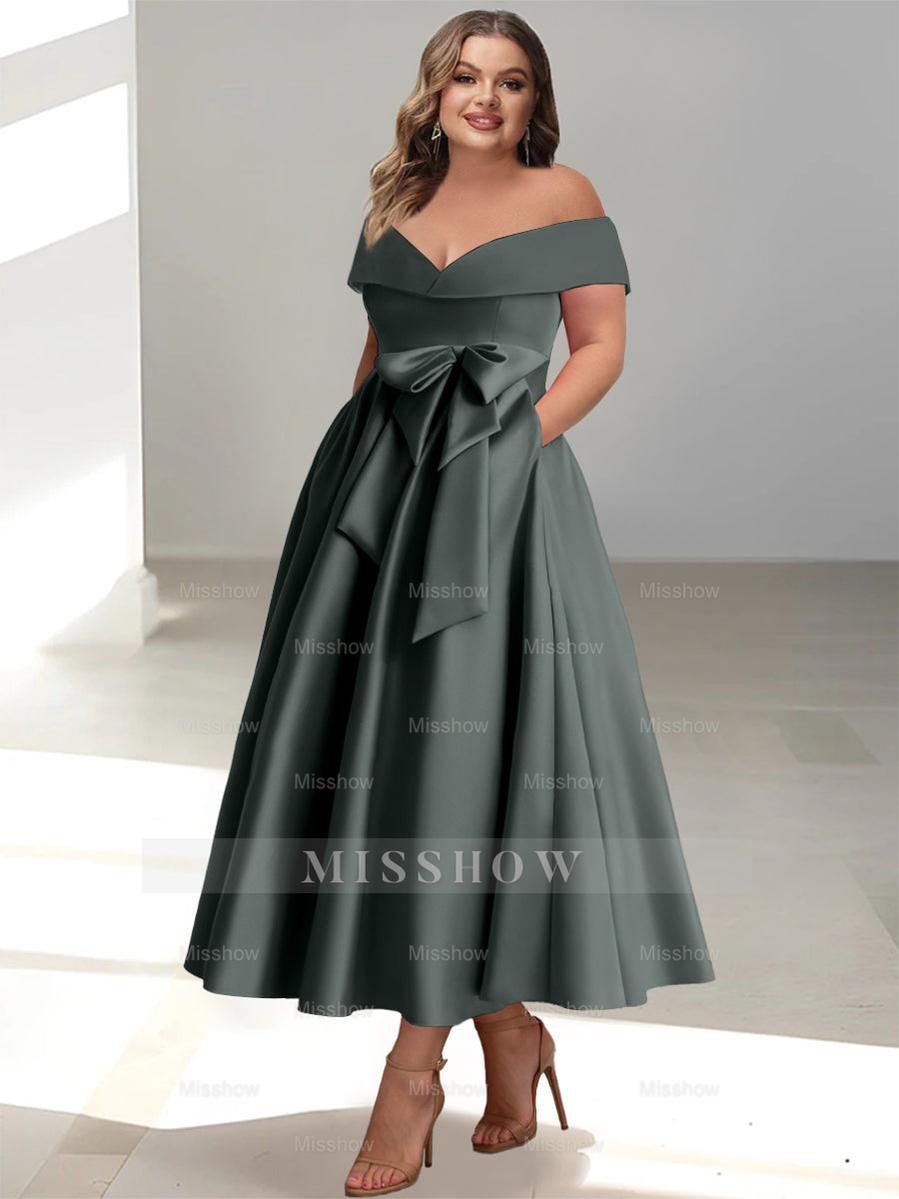Plus Size Off-the-Shoulder Sleeveless A-Line/Princess Mother of the Bride Ankle-Length Dress with Pockets