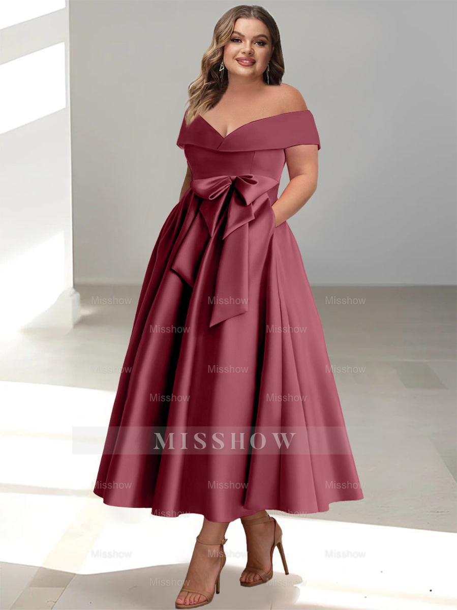 Plus Size Off-the-Shoulder Sleeveless A-Line/Princess Mother of the Bride Ankle-Length Dress with Pockets