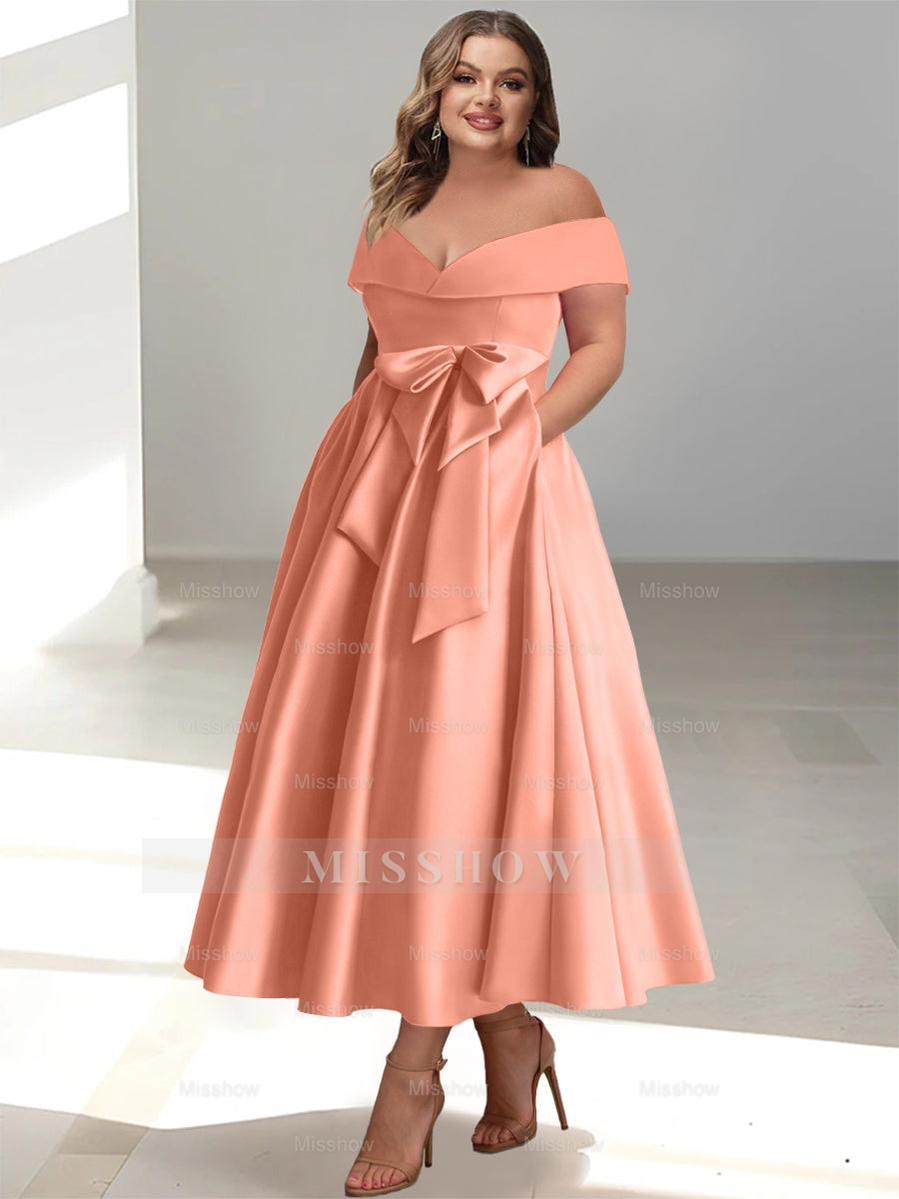 Plus Size Off-the-Shoulder Sleeveless A-Line/Princess Mother of the Bride Ankle-Length Dress with Pockets
