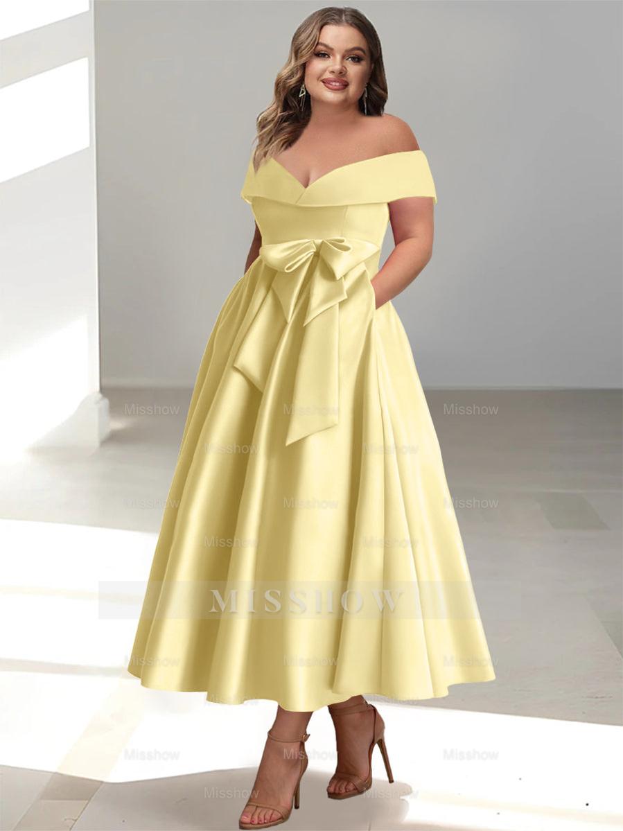 Plus Size Off-the-Shoulder Sleeveless A-Line/Princess Mother of the Bride Ankle-Length Dress with Pockets