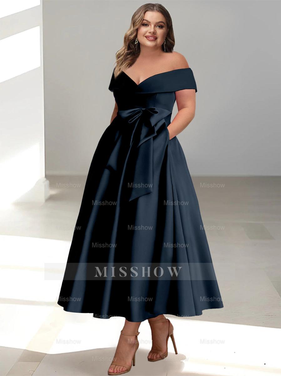 Plus Size Off-the-Shoulder Sleeveless A-Line/Princess Mother of the Bride Ankle-Length Dress with Pockets
