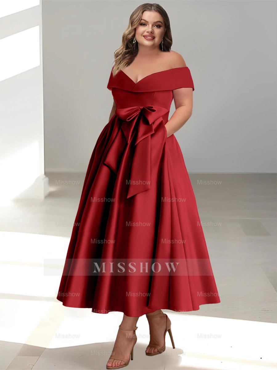 Plus Size Off-the-Shoulder Sleeveless A-Line/Princess Mother of the Bride Ankle-Length Dress with Pockets