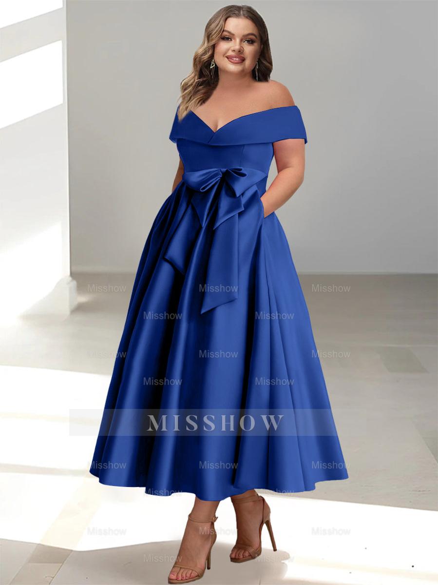Plus Size Off-the-Shoulder Sleeveless A-Line/Princess Mother of the Bride Ankle-Length Dress with Pockets
