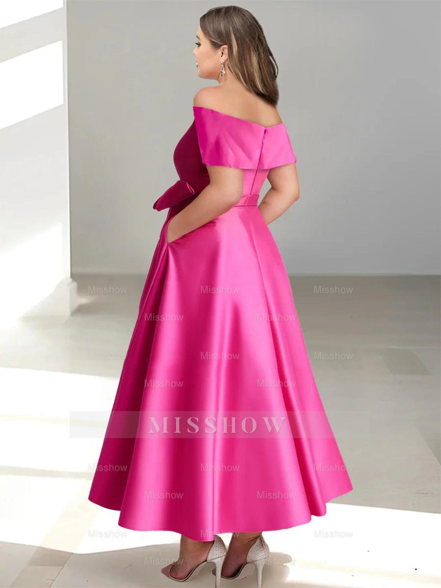 Plus Size Off-the-Shoulder Sleeveless A-Line/Princess Mother of the Bride Ankle-Length Dress with Pockets