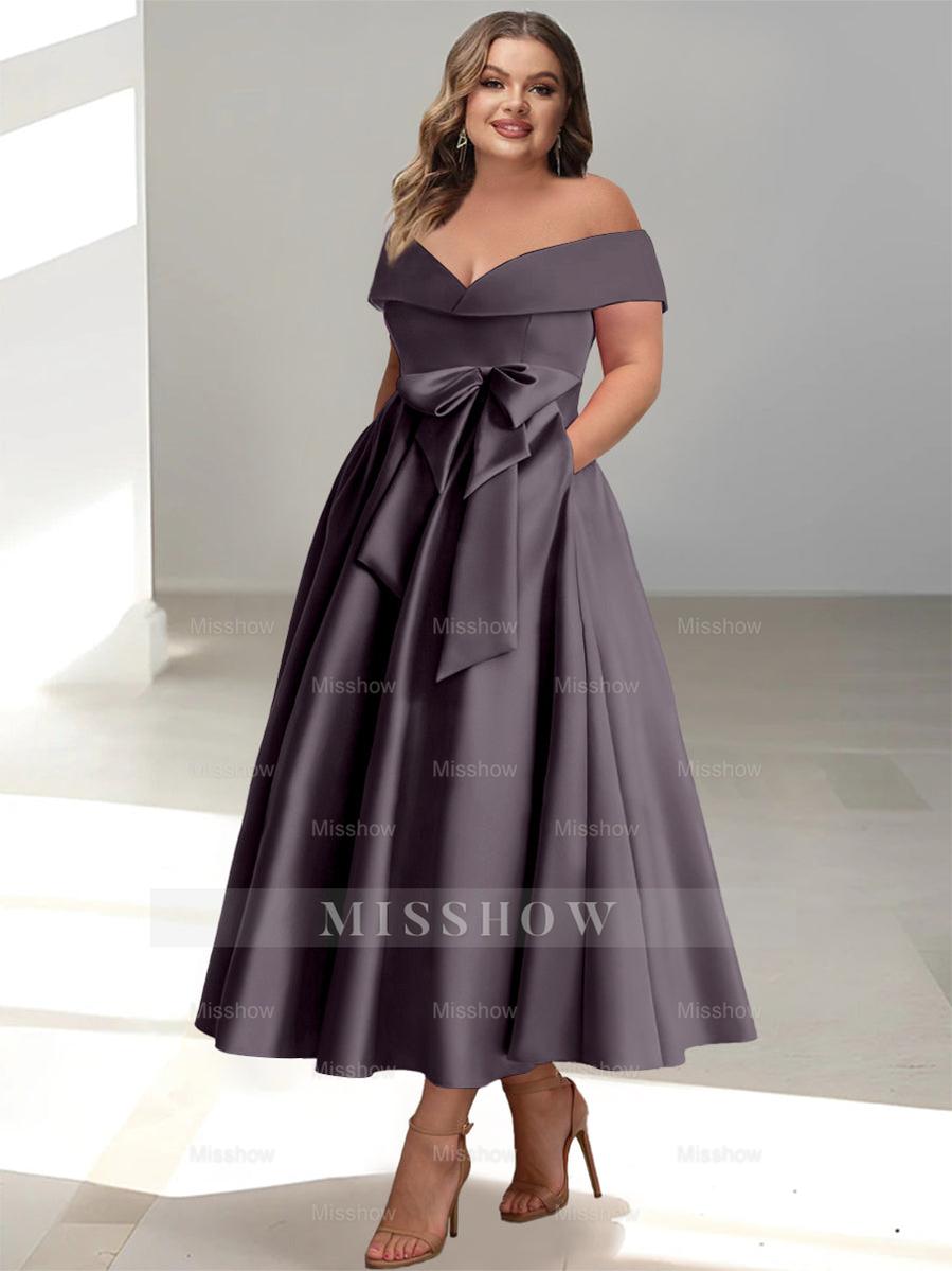 Plus Size Off-the-Shoulder Sleeveless A-Line/Princess Mother of the Bride Ankle-Length Dress with Pockets