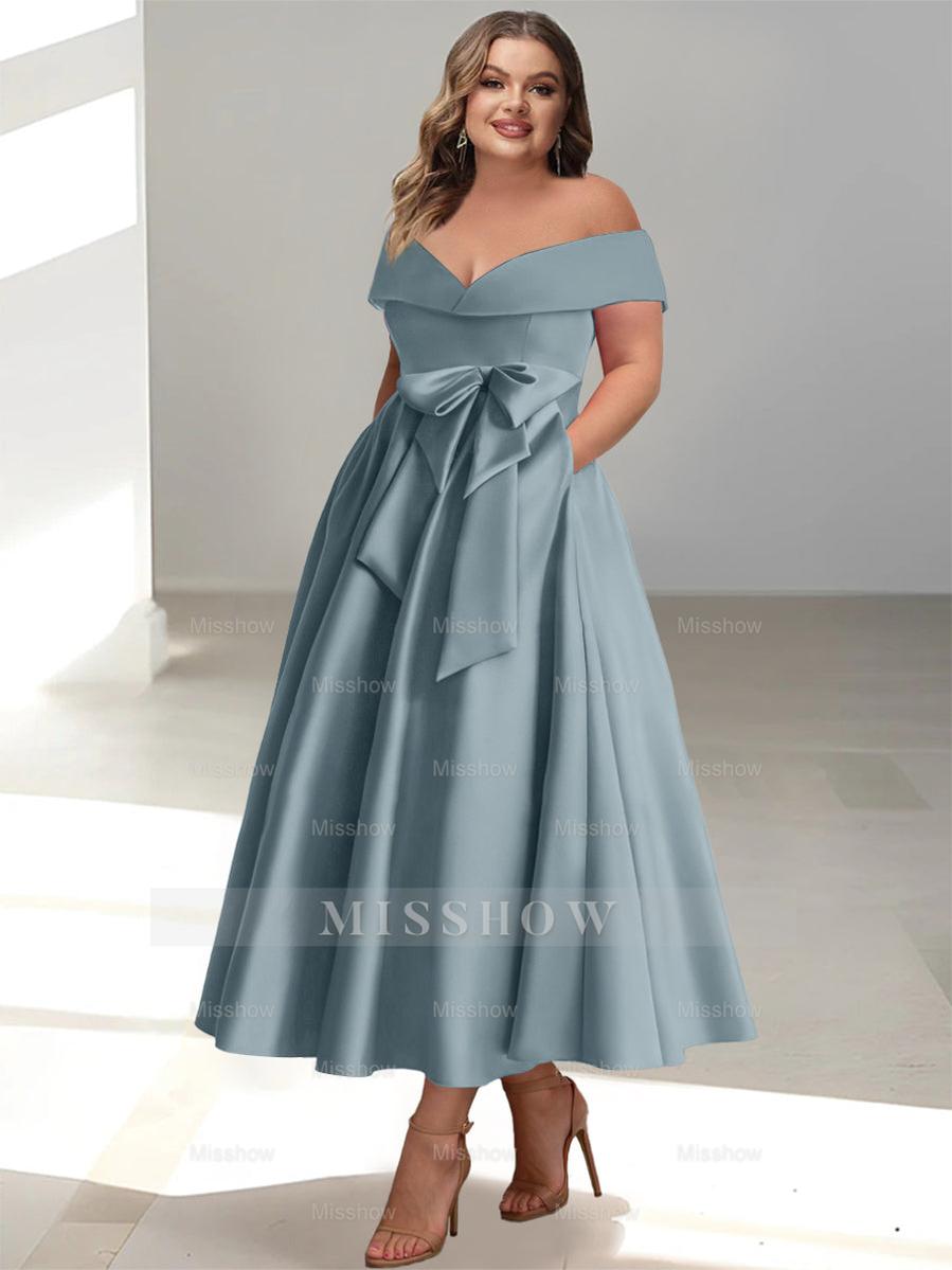 Plus Size Off-the-Shoulder Sleeveless A-Line/Princess Mother of the Bride Ankle-Length Dress with Pockets
