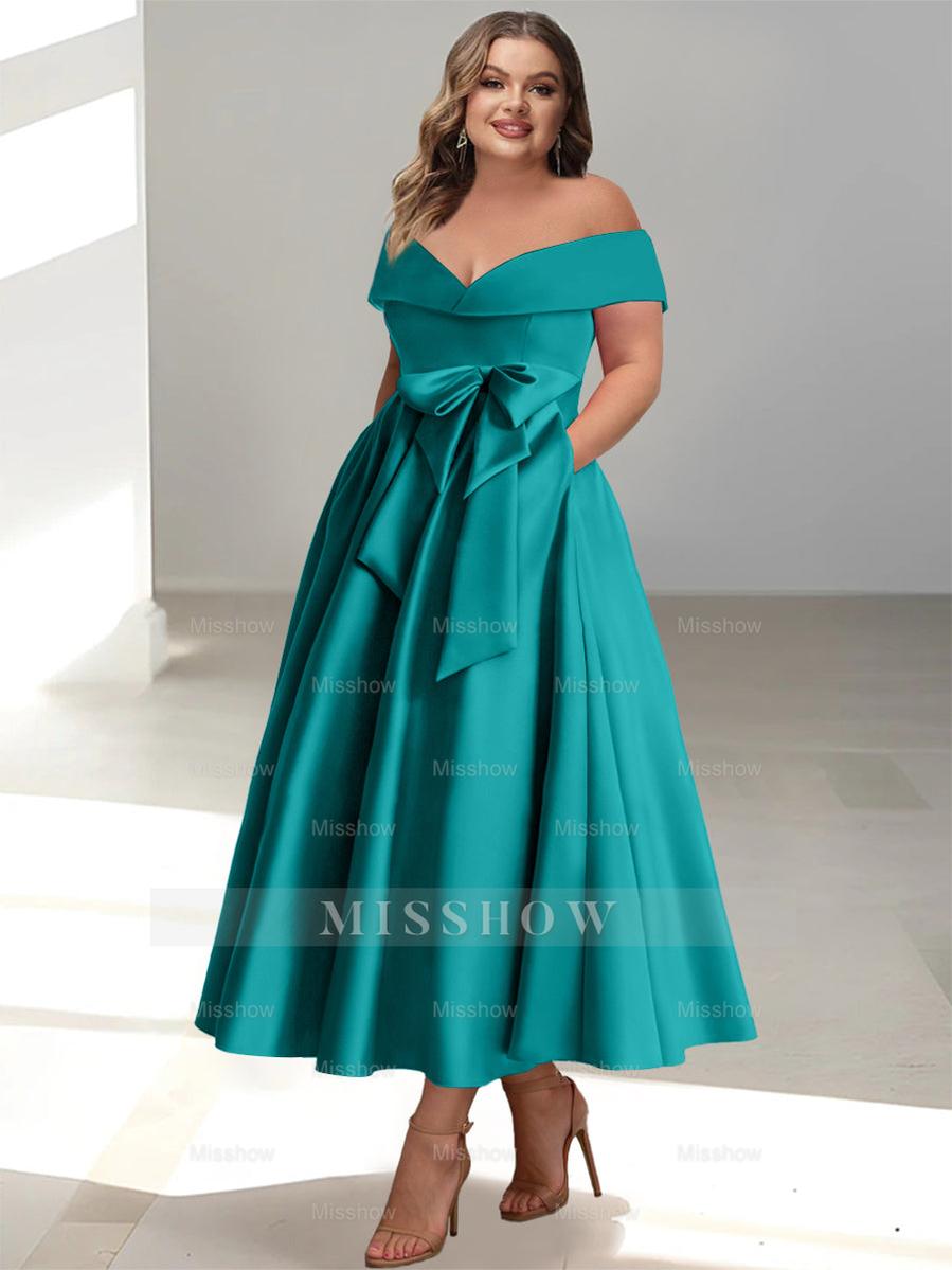 Plus Size Off-the-Shoulder Sleeveless A-Line/Princess Mother of the Bride Ankle-Length Dress with Pockets