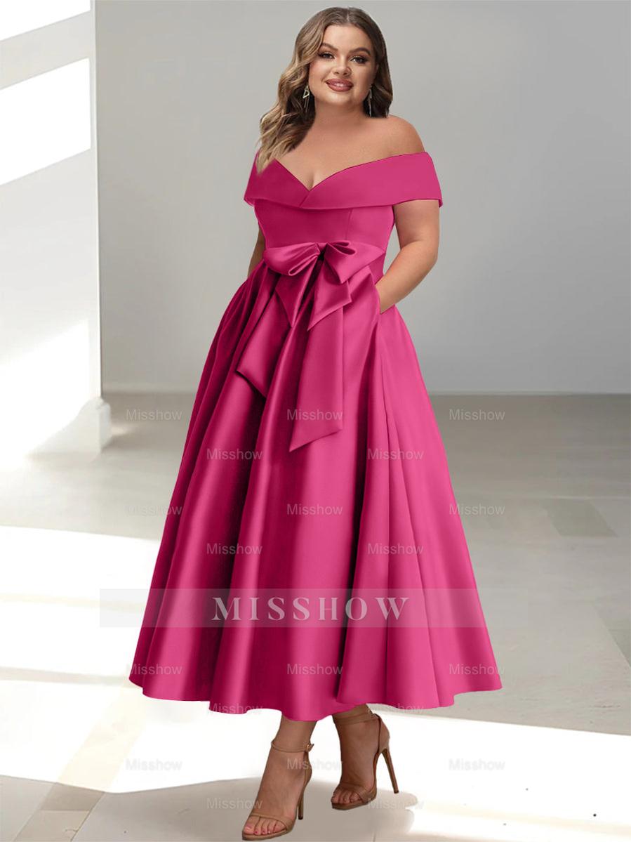 Plus Size Off-the-Shoulder Sleeveless A-Line/Princess Mother of the Bride Ankle-Length Dress with Pockets
