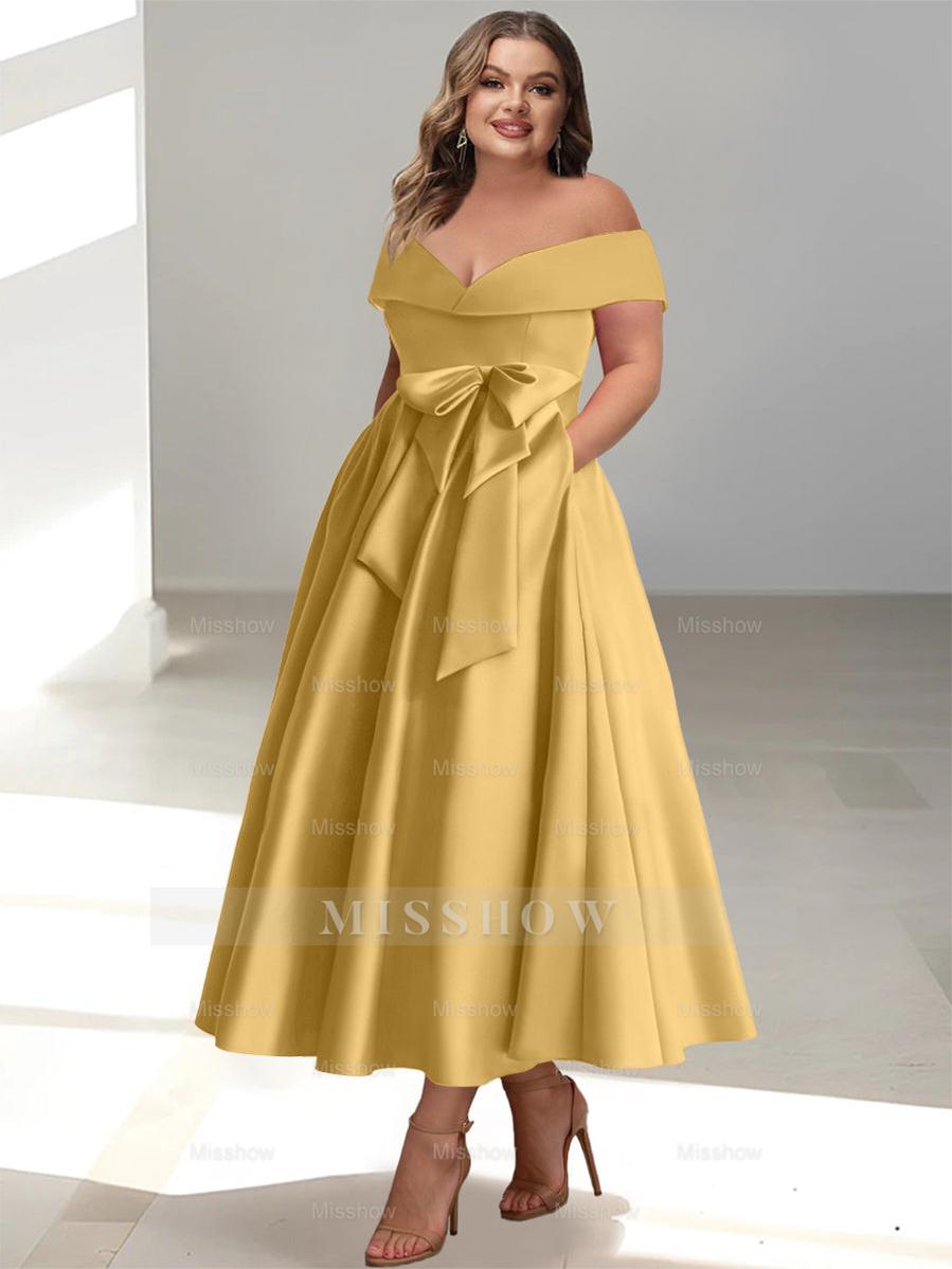 Plus Size Off-the-Shoulder Sleeveless A-Line/Princess Mother of the Bride Ankle-Length Dress with Pockets