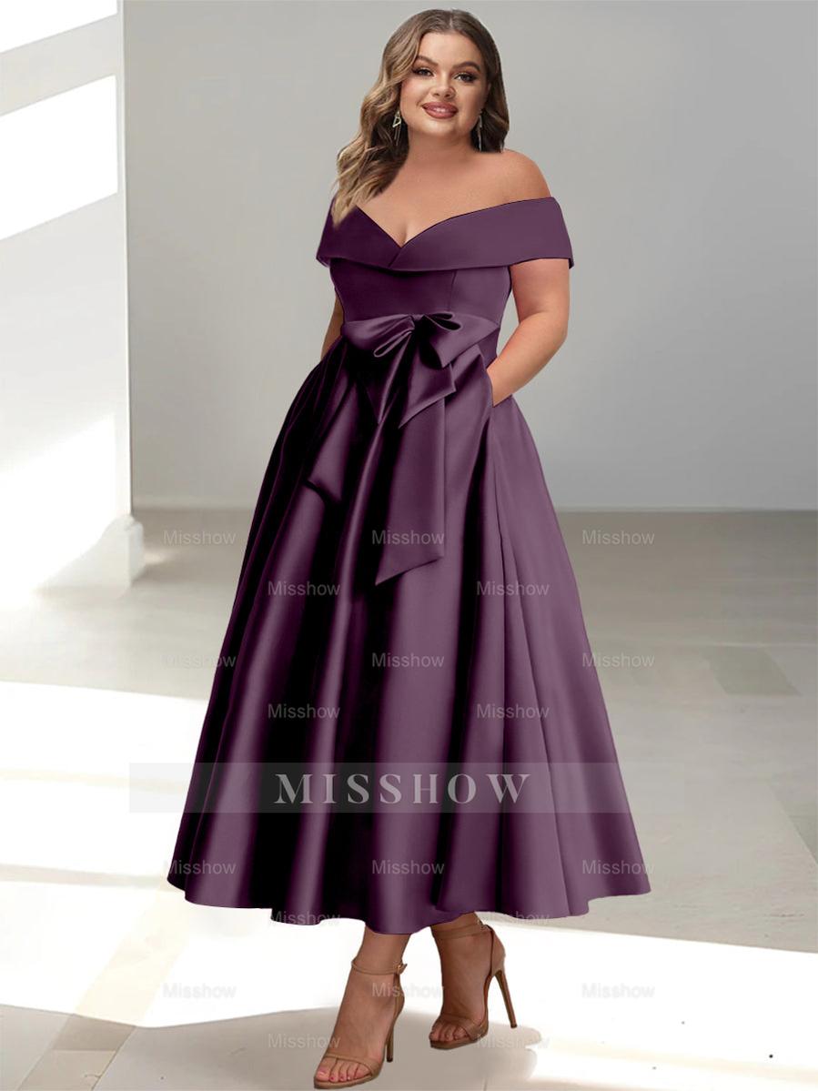 Plus Size Off-the-Shoulder Sleeveless A-Line/Princess Mother of the Bride Ankle-Length Dress with Pockets