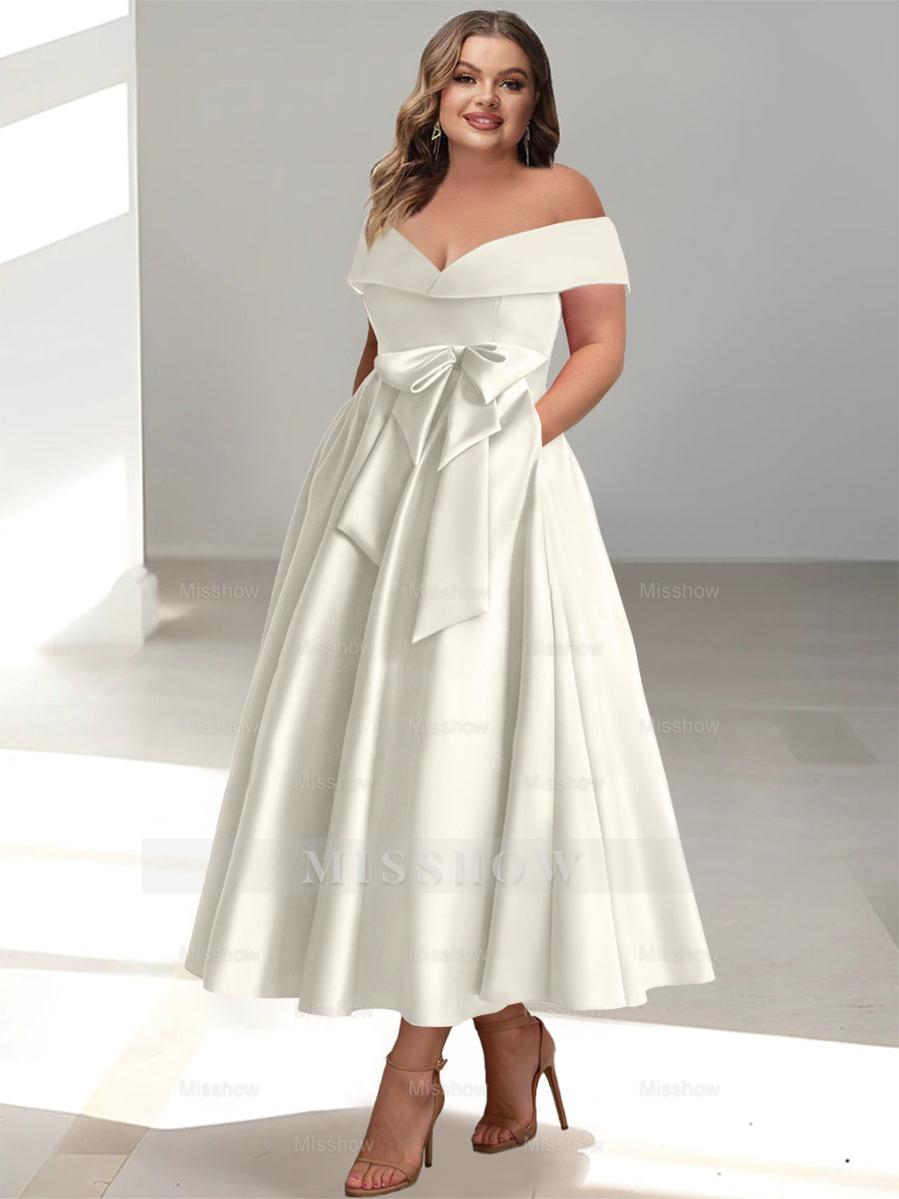 Plus Size Off-the-Shoulder Sleeveless A-Line/Princess Mother of the Bride Ankle-Length Dress with Pockets