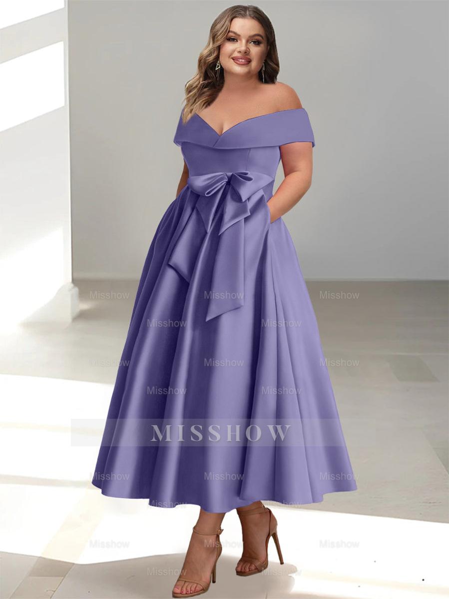 Plus Size Off-the-Shoulder Sleeveless A-Line/Princess Mother of the Bride Ankle-Length Dress with Pockets