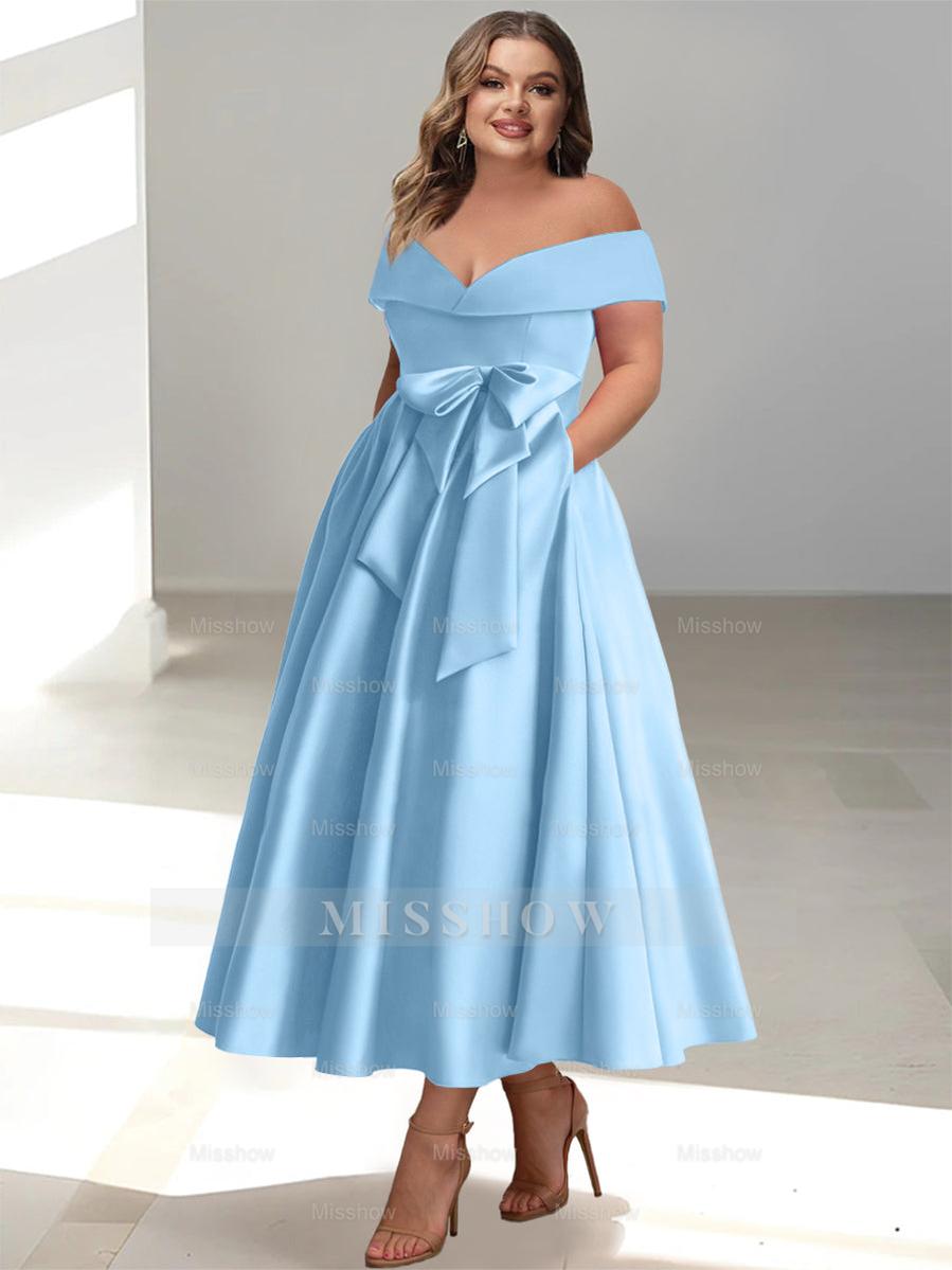 Plus Size Off-the-Shoulder Sleeveless A-Line/Princess Mother of the Bride Ankle-Length Dress with Pockets