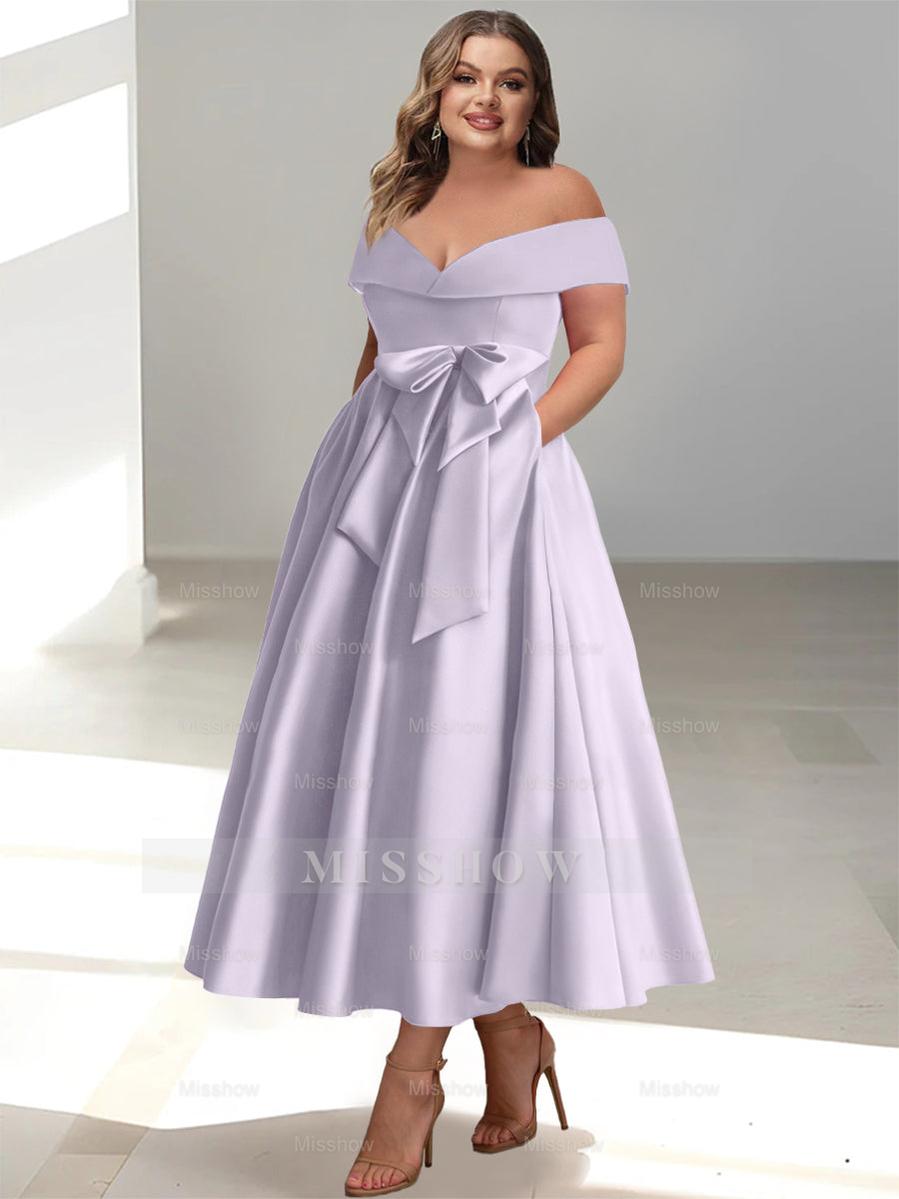 Plus Size Off-the-Shoulder Sleeveless A-Line/Princess Mother of the Bride Ankle-Length Dress with Pockets