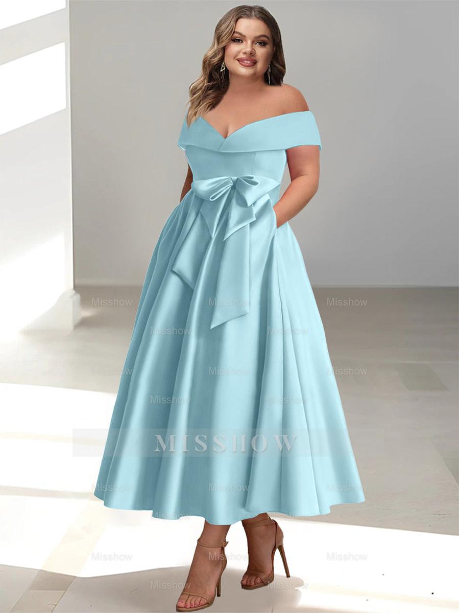 Plus Size Off-the-Shoulder Sleeveless A-Line/Princess Mother of the Bride Ankle-Length Dress with Pockets
