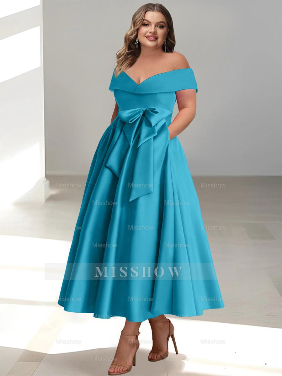 Plus Size Off-the-Shoulder Sleeveless A-Line/Princess Mother of the Bride Ankle-Length Dress with Pockets