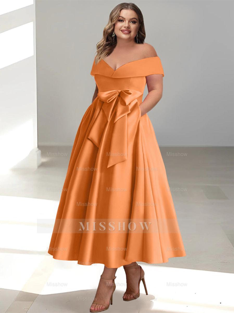 Plus Size Off-the-Shoulder Sleeveless A-Line/Princess Mother of the Bride Ankle-Length Dress with Pockets