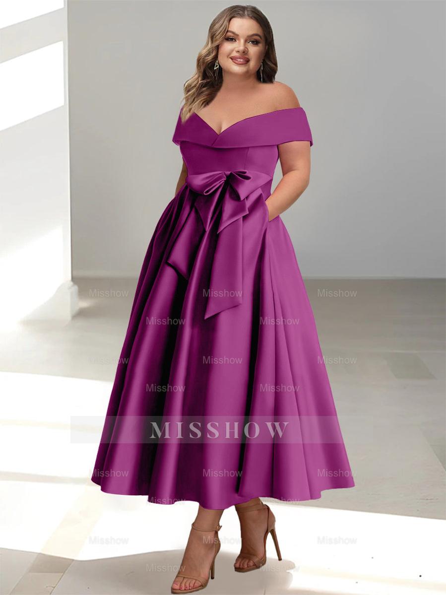 Plus Size Off-the-Shoulder Sleeveless A-Line/Princess Mother of the Bride Ankle-Length Dress with Pockets