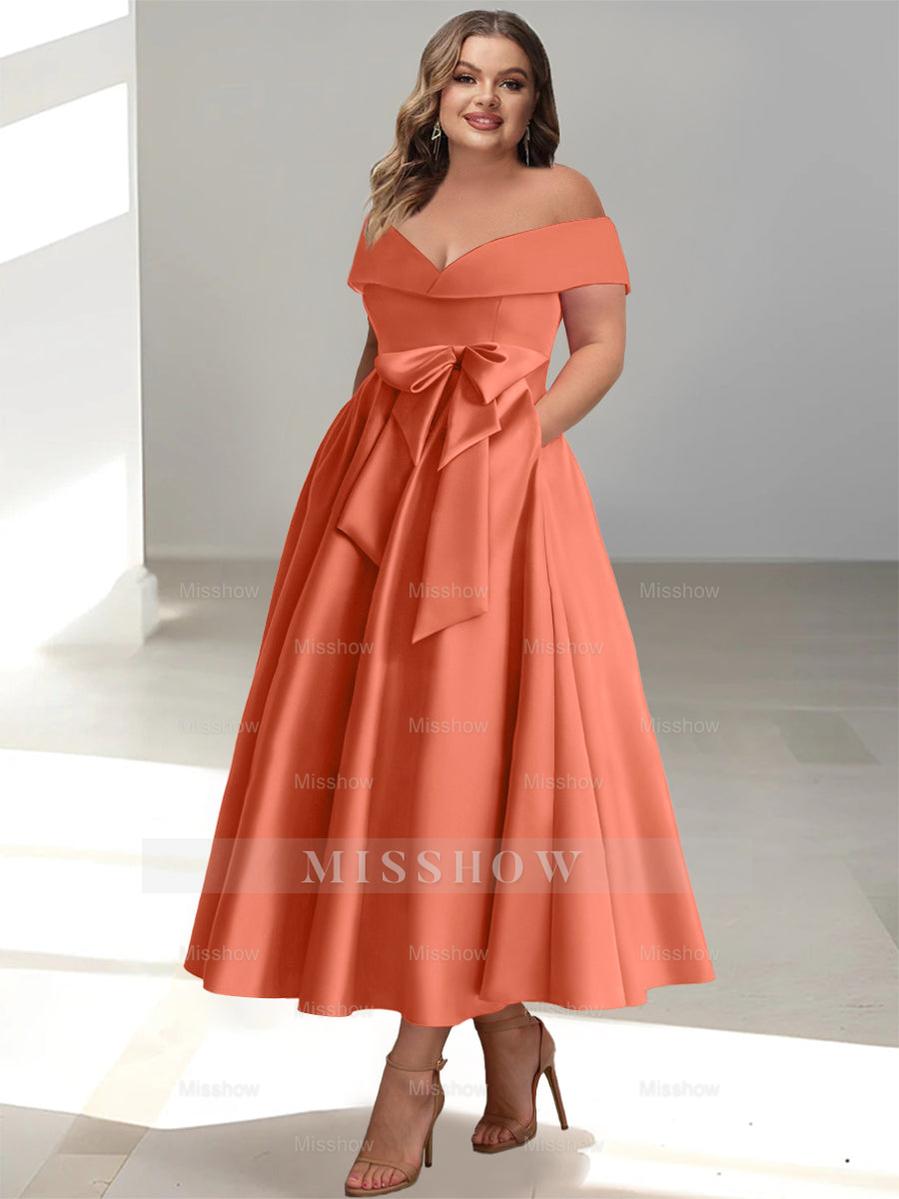Plus Size Off-the-Shoulder Sleeveless A-Line/Princess Mother of the Bride Ankle-Length Dress with Pockets