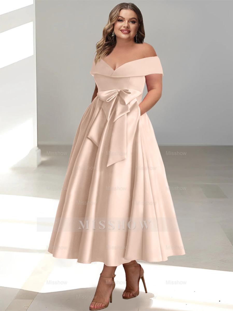 Plus Size Off-the-Shoulder Sleeveless A-Line/Princess Mother of the Bride Ankle-Length Dress with Pockets