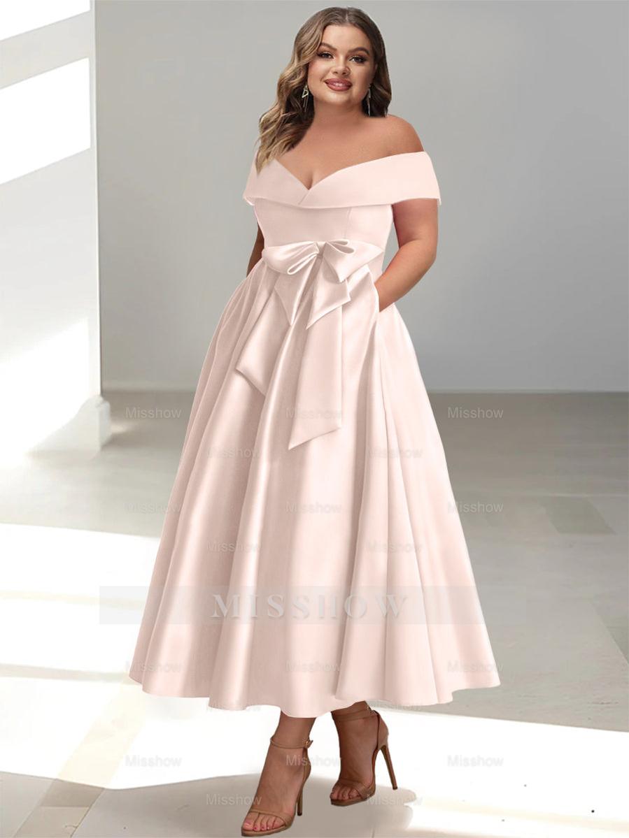 Plus Size Off-the-Shoulder Sleeveless A-Line/Princess Mother of the Bride Ankle-Length Dress with Pockets
