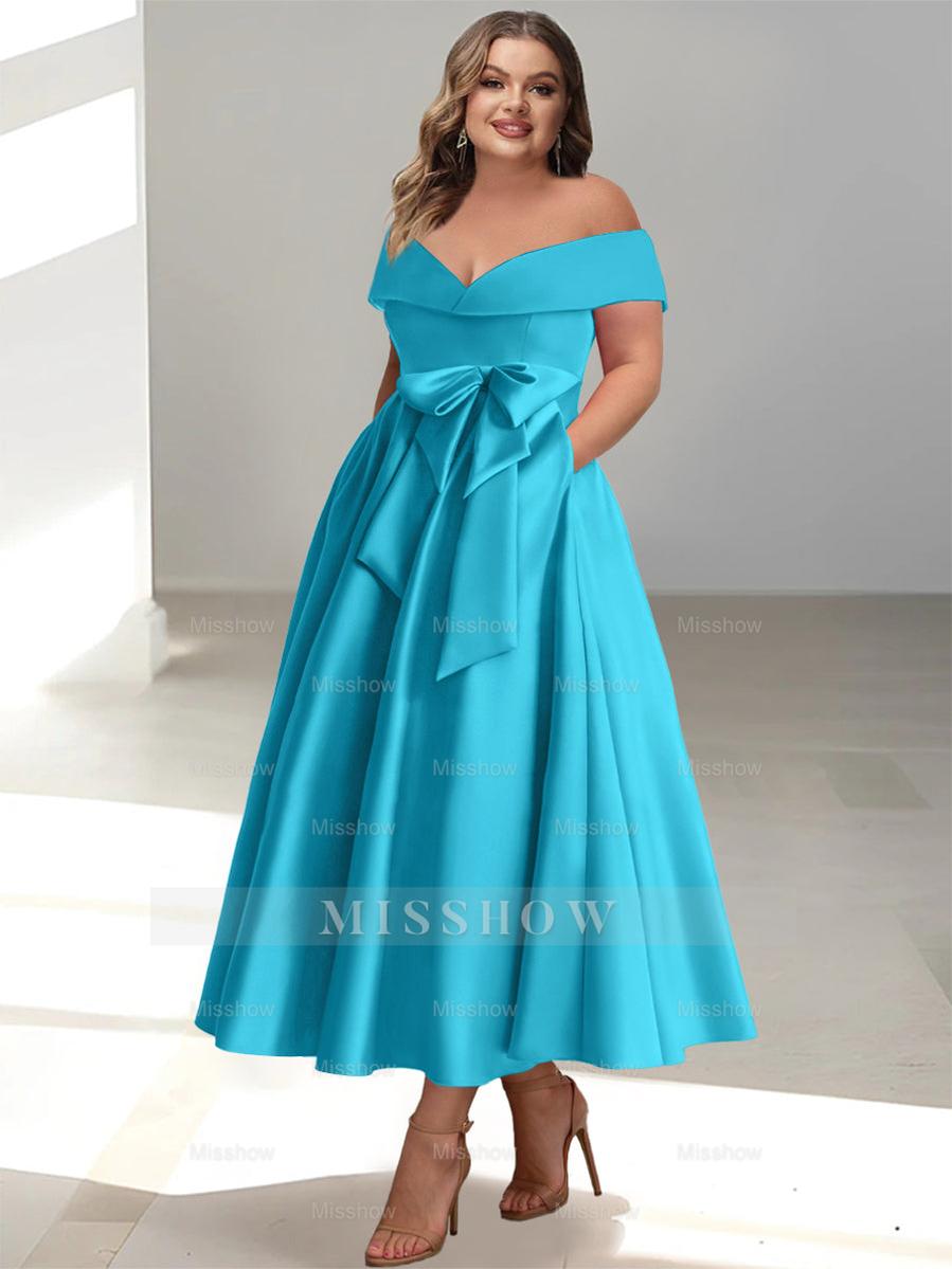 Plus Size Off-the-Shoulder Sleeveless A-Line/Princess Mother of the Bride Ankle-Length Dress with Pockets