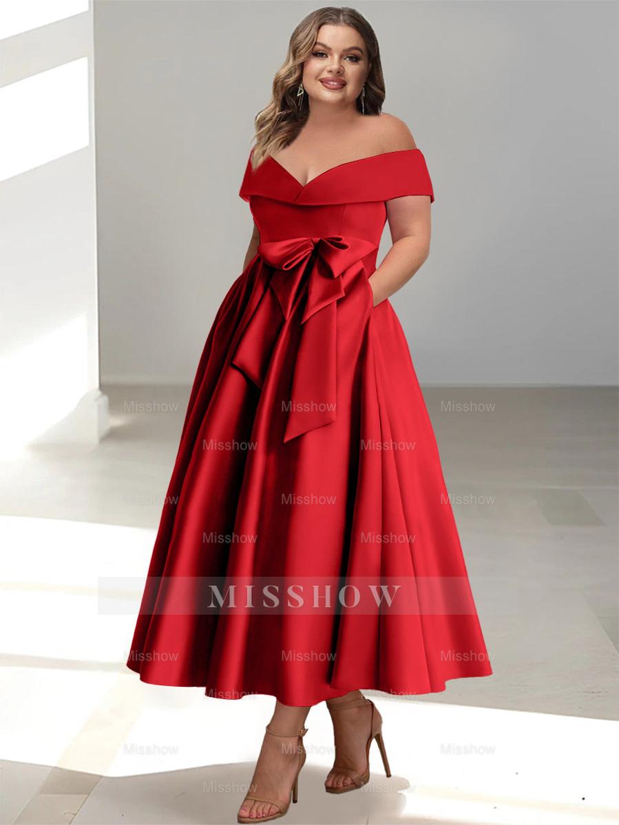 Plus Size Off-the-Shoulder Sleeveless A-Line/Princess Mother of the Bride Ankle-Length Dress with Pockets