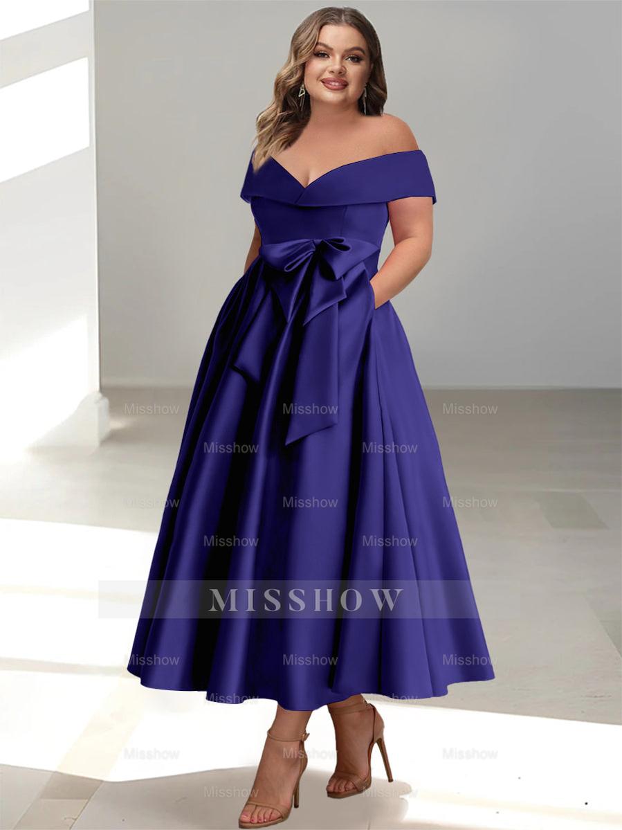 Plus Size Off-the-Shoulder Sleeveless A-Line/Princess Mother of the Bride Ankle-Length Dress with Pockets