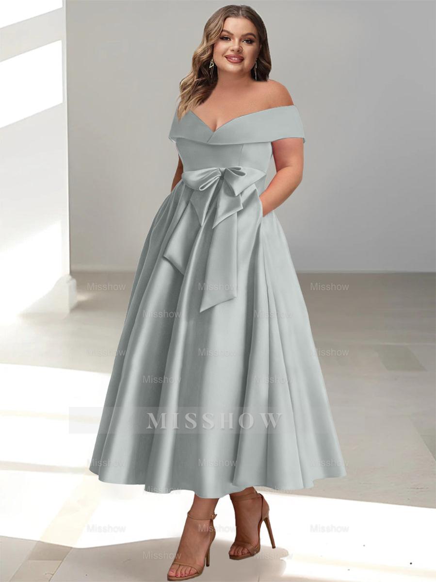 Plus Size Off-the-Shoulder Sleeveless A-Line/Princess Mother of the Bride Ankle-Length Dress with Pockets