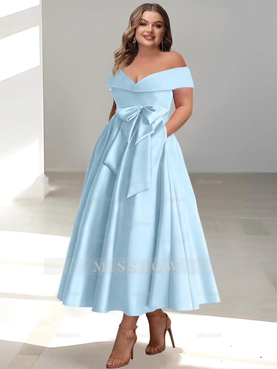 Plus Size Off-the-Shoulder Sleeveless A-Line/Princess Mother of the Bride Ankle-Length Dress with Pockets