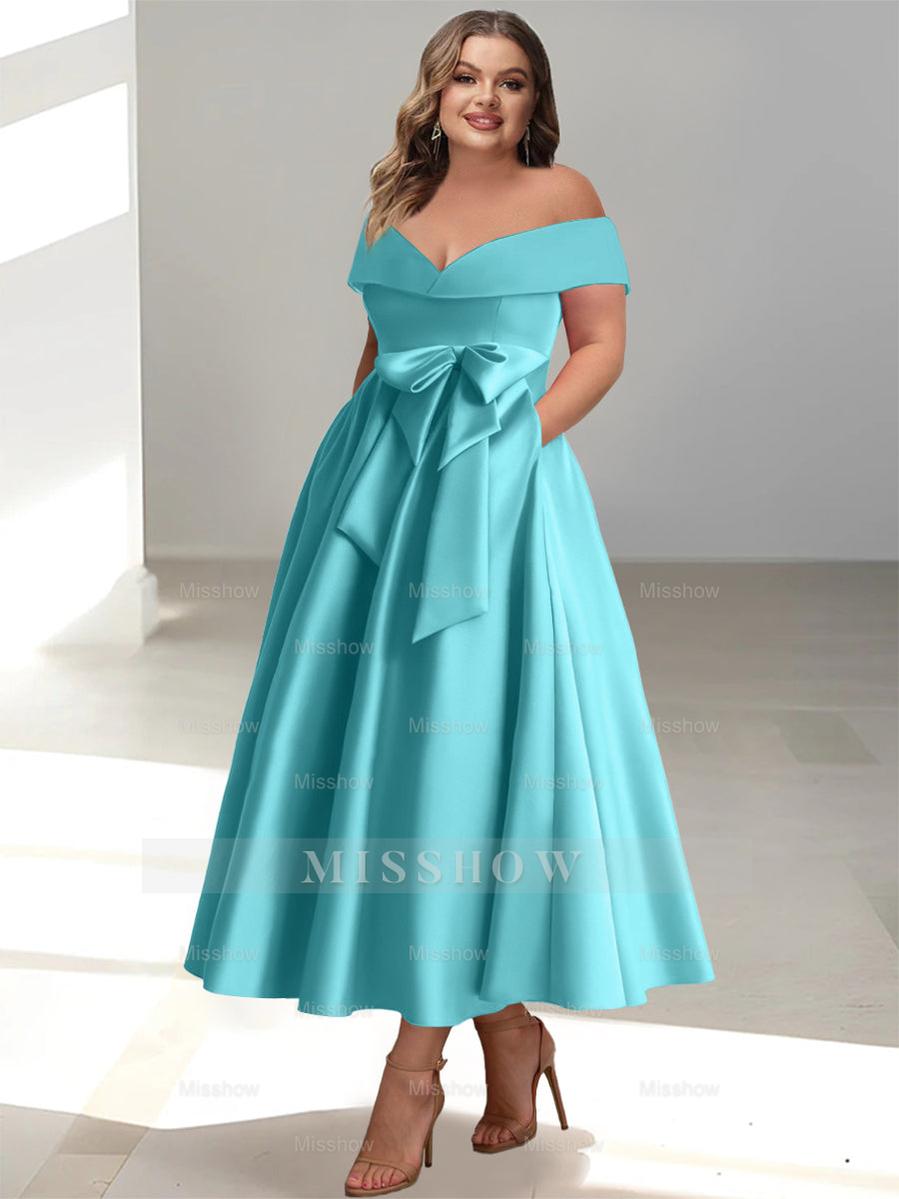 Plus Size Off-the-Shoulder Sleeveless A-Line/Princess Mother of the Bride Ankle-Length Dress with Pockets