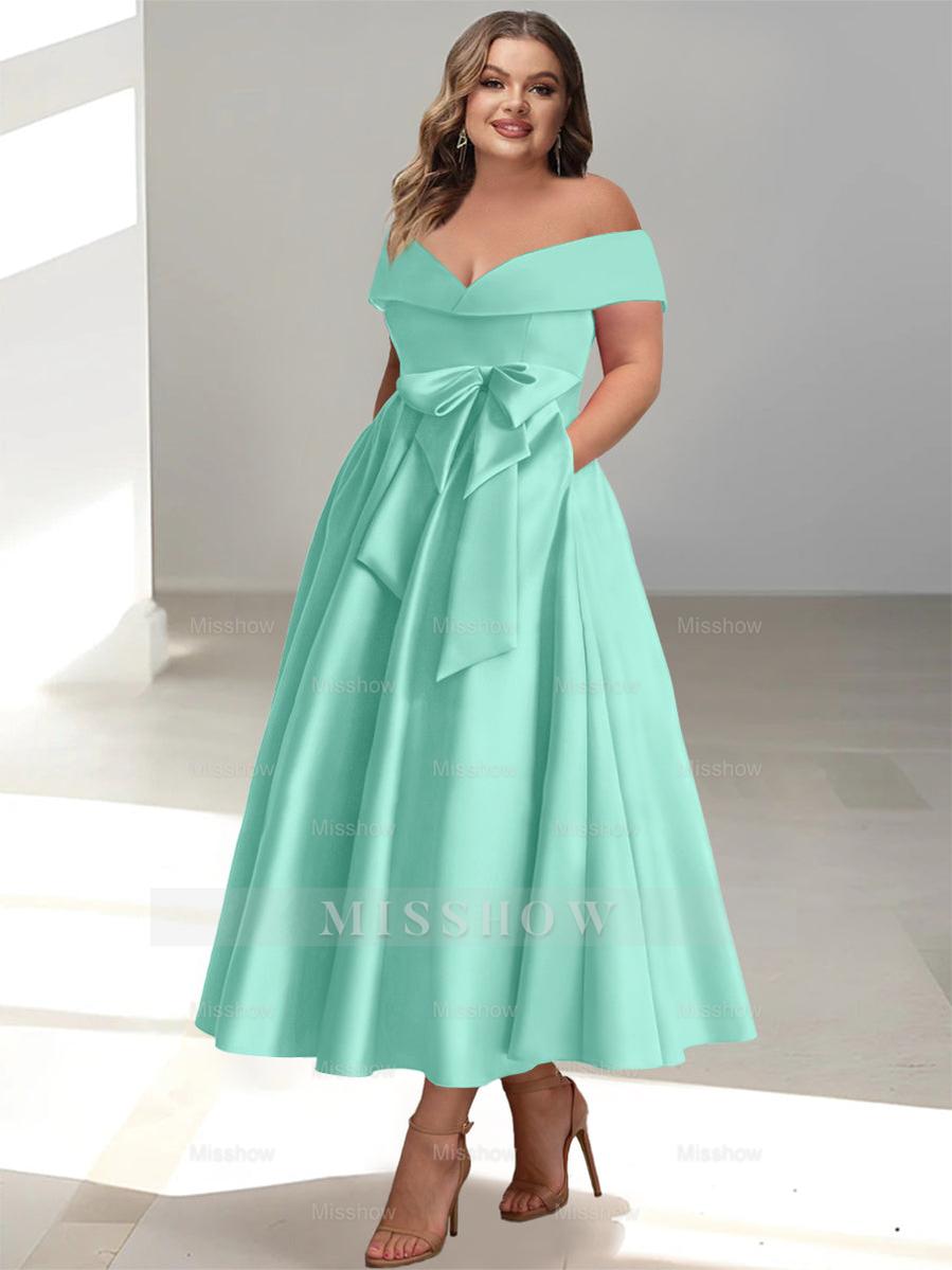 Plus Size Off-the-Shoulder Sleeveless A-Line/Princess Mother of the Bride Ankle-Length Dress with Pockets