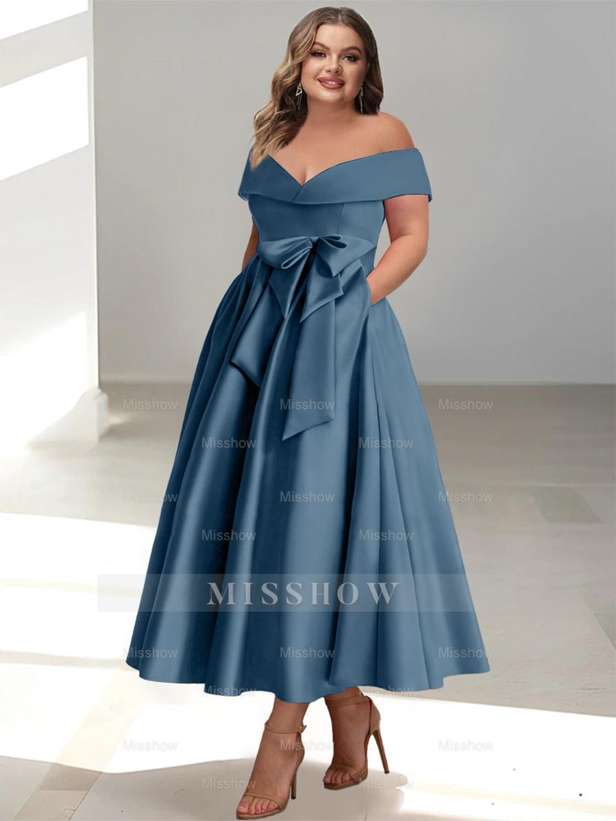 Plus Size Off-the-Shoulder Sleeveless A-Line/Princess Mother of the Bride Ankle-Length Dress with Pockets