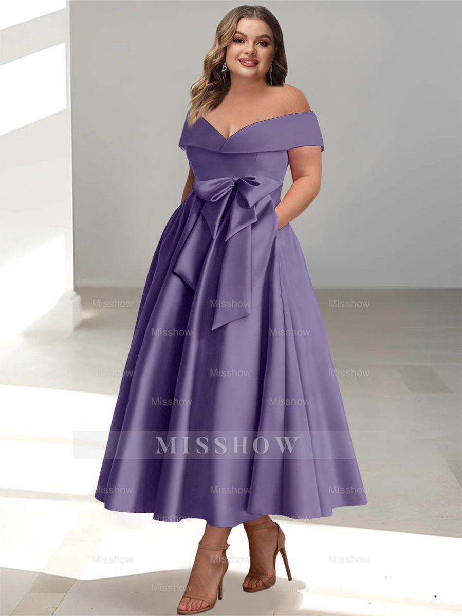 Plus Size Off-the-Shoulder Sleeveless A-Line/Princess Mother of the Bride Ankle-Length Dress with Pockets