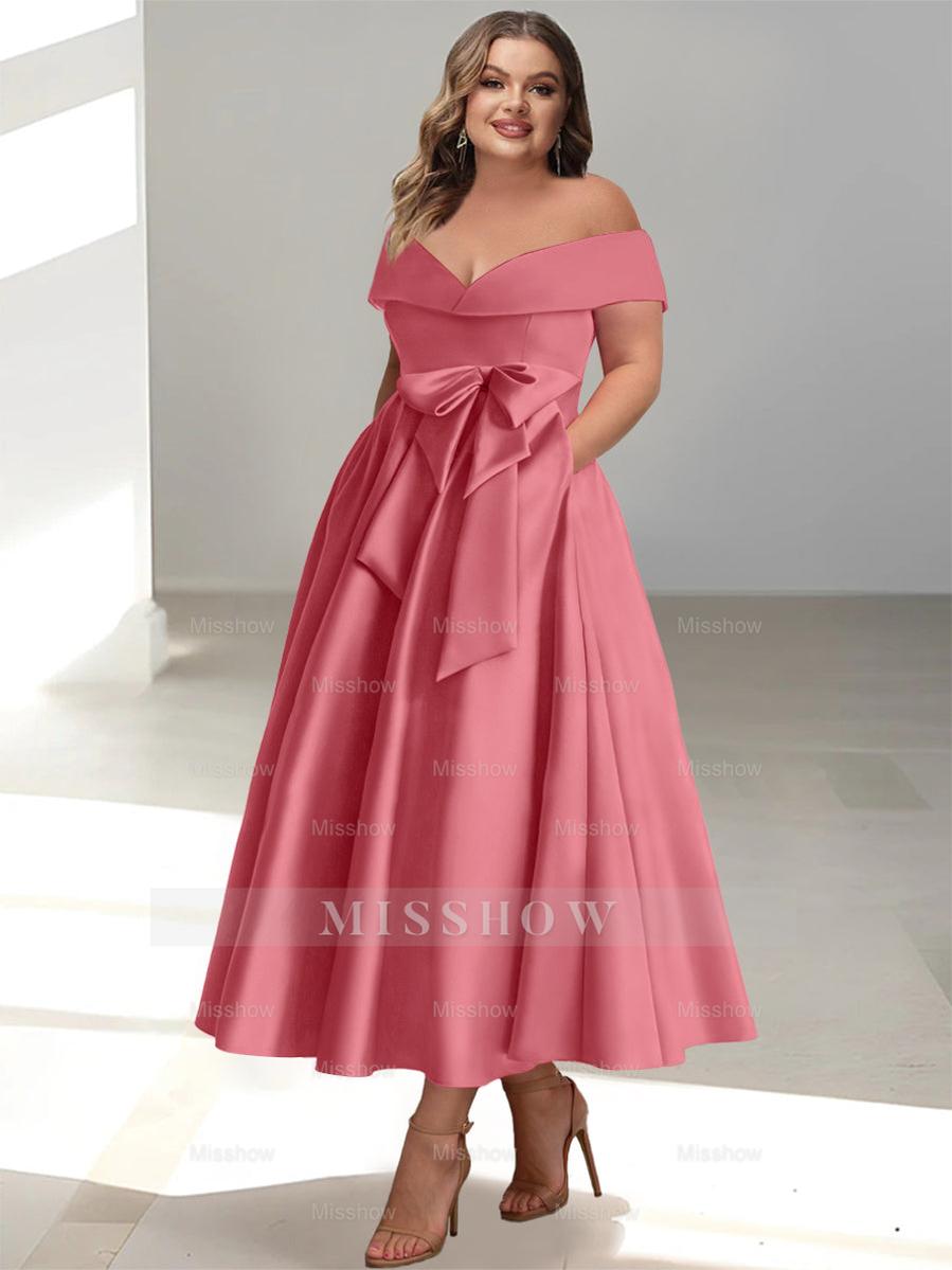 Plus Size Off-the-Shoulder Sleeveless A-Line/Princess Mother of the Bride Ankle-Length Dress with Pockets