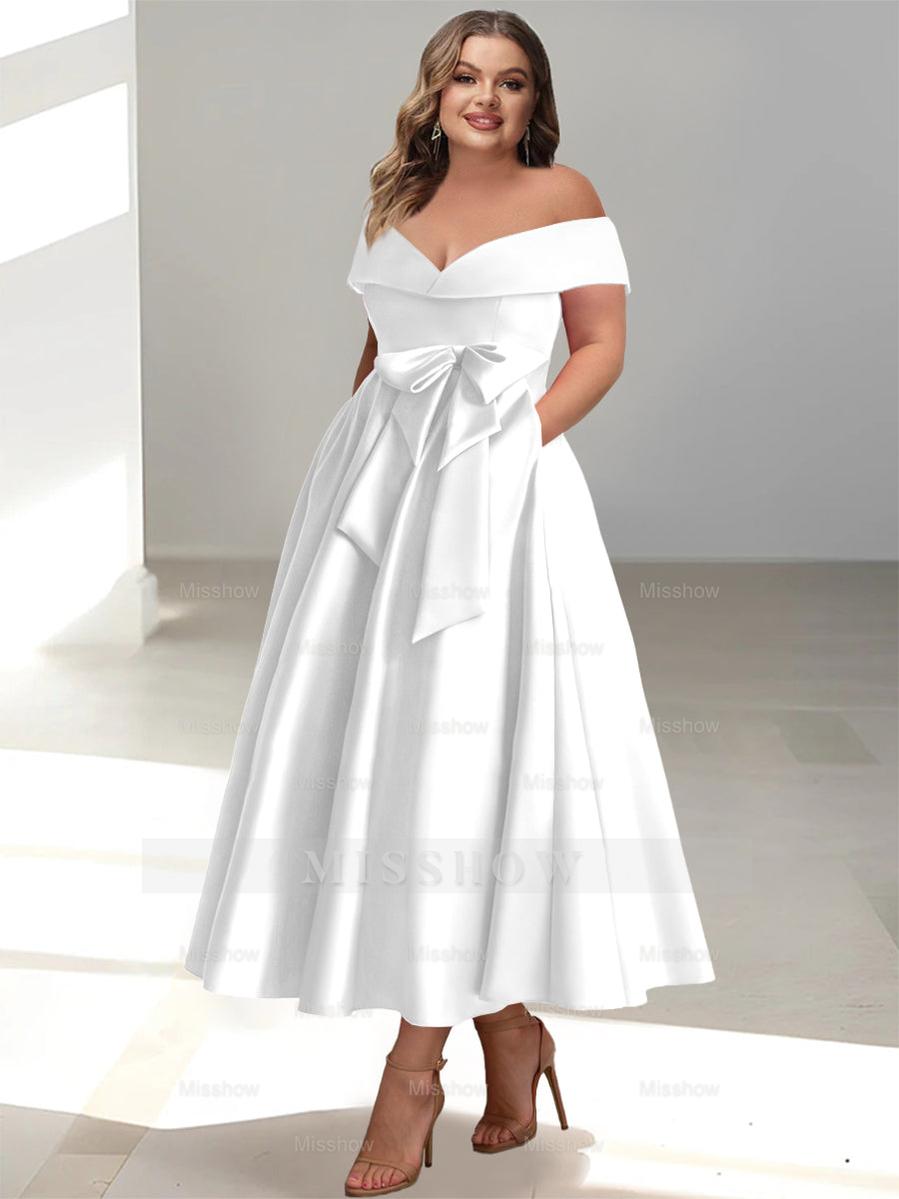 Plus Size Off-the-Shoulder Sleeveless A-Line/Princess Mother of the Bride Ankle-Length Dress with Pockets