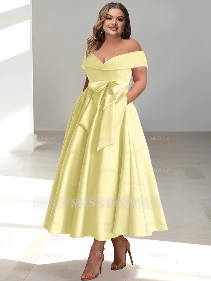 Plus Size Off-the-Shoulder Sleeveless A-Line/Princess Mother of the Bride Ankle-Length Dress with Pockets