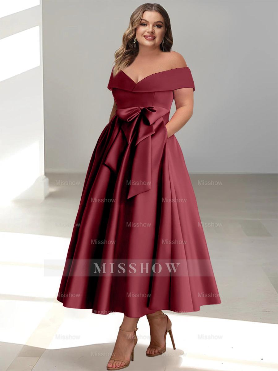 Plus Size Off-the-Shoulder Sleeveless A-Line/Princess Mother of the Bride Ankle-Length Dress with Pockets