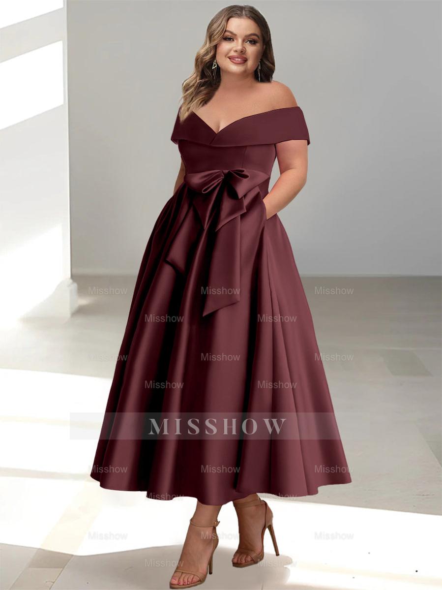 Plus Size Off-the-Shoulder Sleeveless A-Line/Princess Mother of the Bride Ankle-Length Dress with Pockets