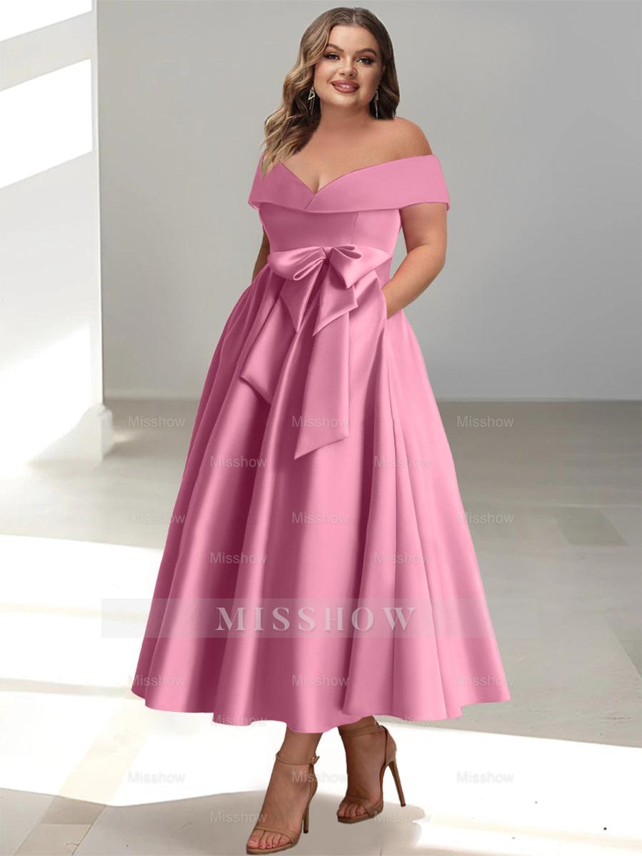 Plus Size Off-the-Shoulder Sleeveless A-Line/Princess Mother of the Bride Ankle-Length Dress with Pockets