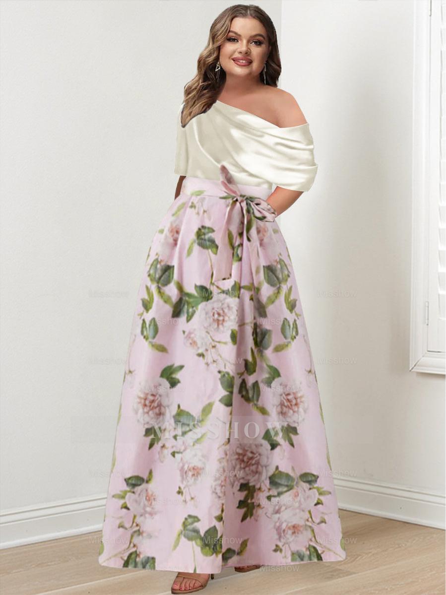 Plus Size Printed Flower Mother of the Bride A-Line/Princess Dress with One-Shoulder Bow Belt