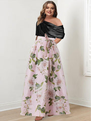 Plus Size Printed Flower Mother of the Bride A-Line/Princess Dress with One-Shoulder Bow Belt