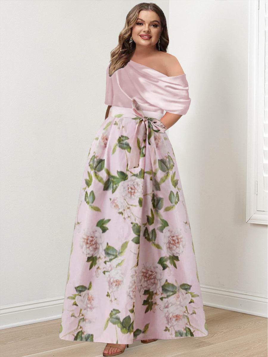 Plus Size Printed Flower Mother of the Bride A-Line/Princess Dress with One-Shoulder Bow Belt