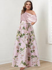 Plus Size Printed Flower Mother of the Bride A-Line/Princess Dress with One-Shoulder Bow Belt